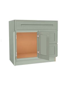 Craftsman Lily Green Shaker Vanity Sink Base Drawer Right Cabinet 36" Largo - Buy Cabinets Today